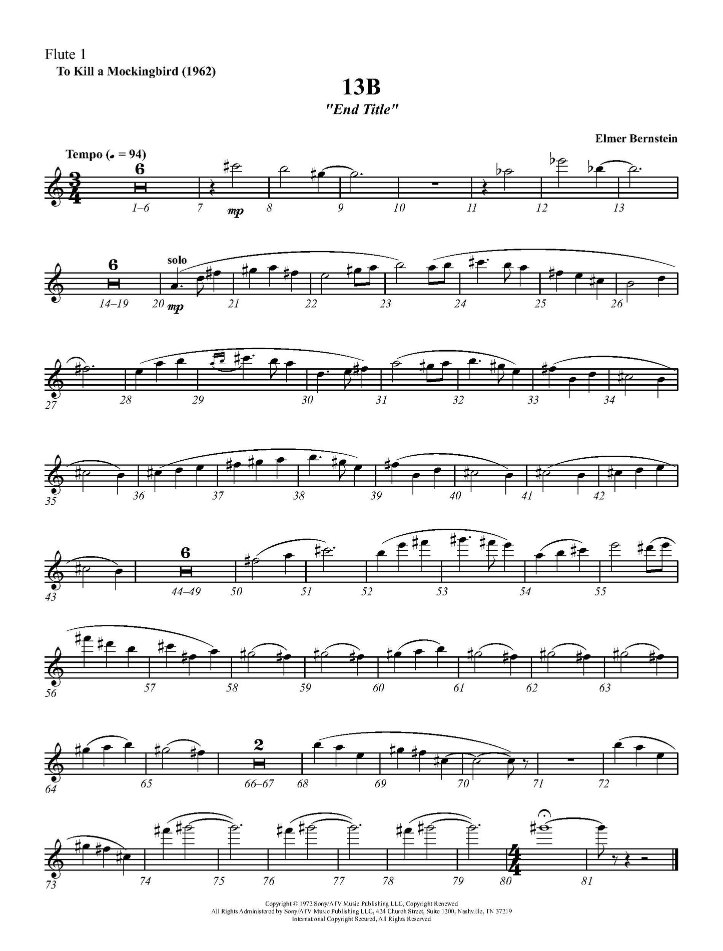 END TITLE from To Kill a Mockingbird - Elmer Bernstein (Score & Parts) **DIGITAL DOWNLOAD**