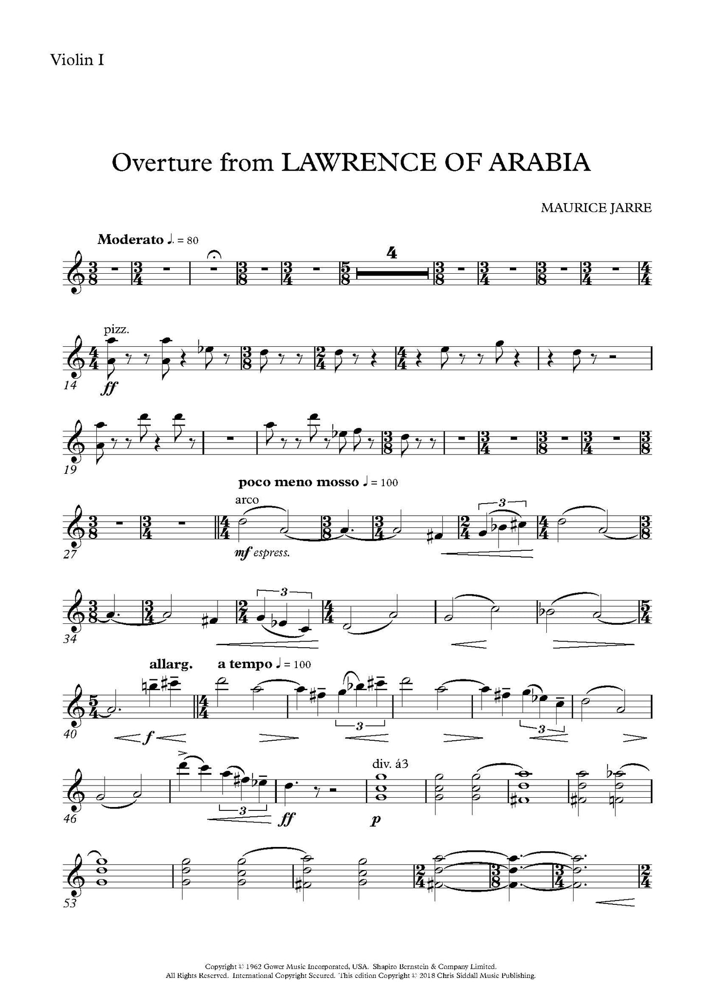 OVERTURE from LAWRENCE OF ARABIA - Maurice Jarre **PRINTED SCORE & PARTS SET**
