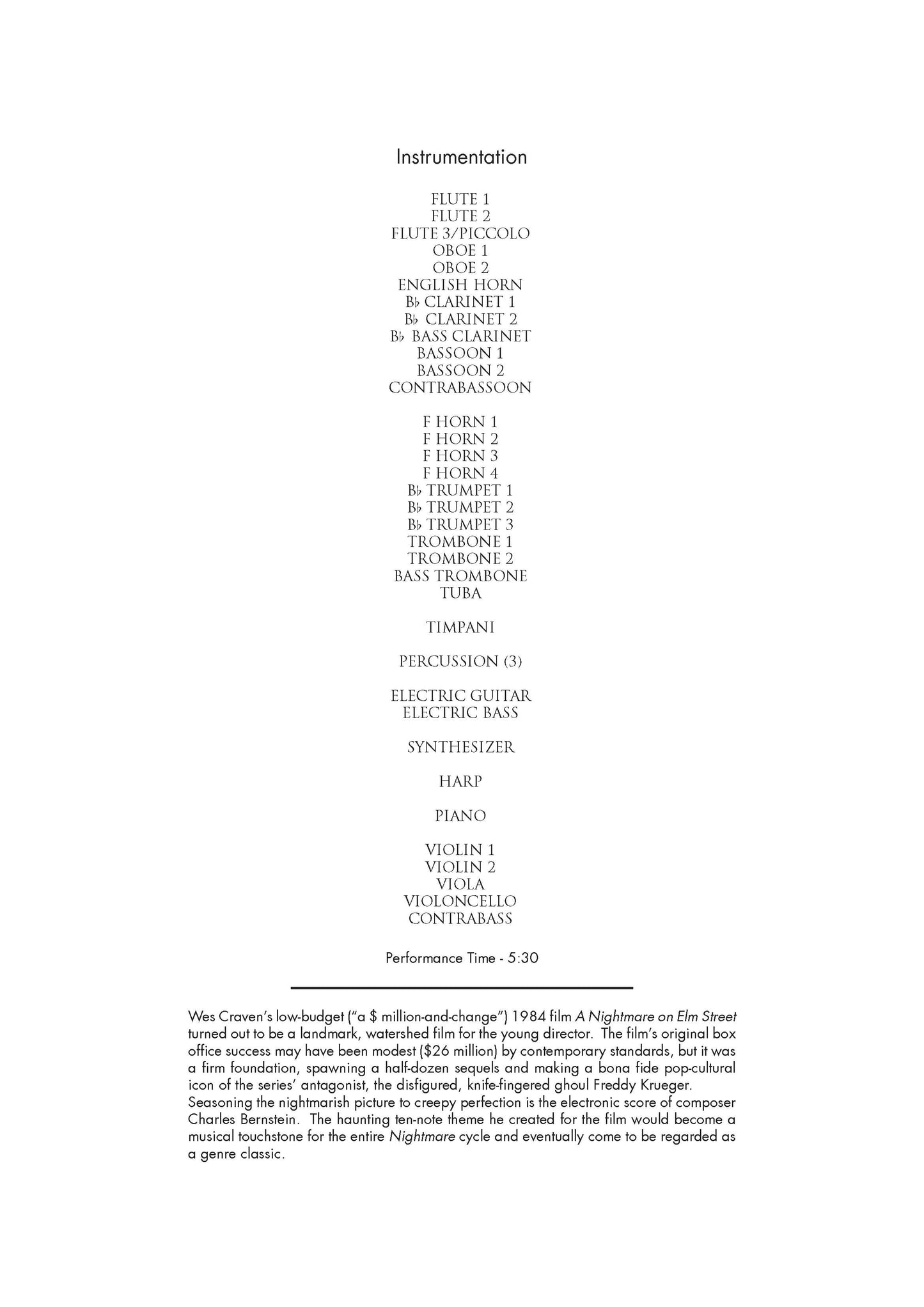 A NIGHTMARE FOR ORCHESTRA - Overture from A Nightmare on Elm Street - Charles Bernstein (Score Only) **DIGITAL DOWNLOAD**