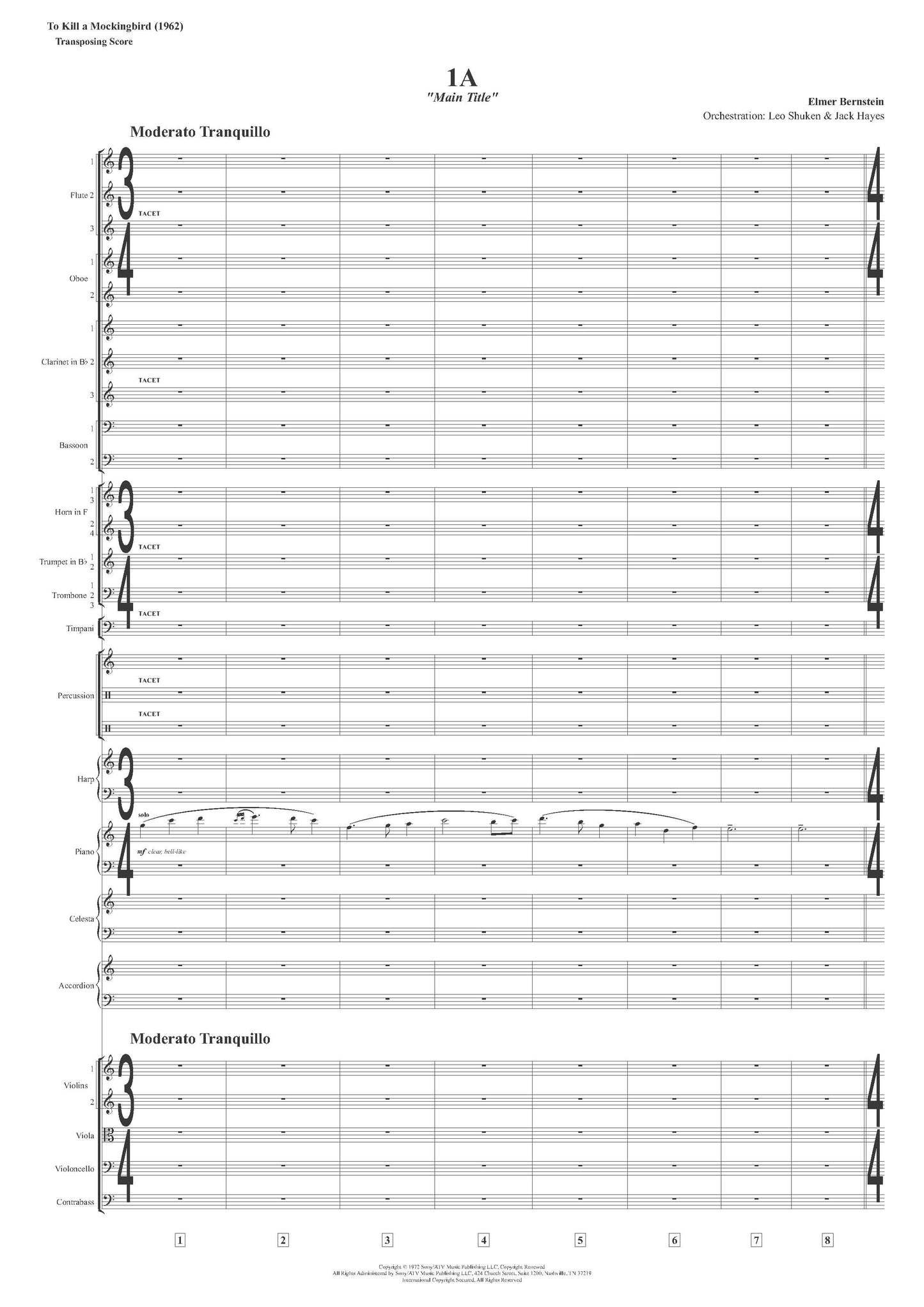 MAIN TITLE from To Kill a Mockingbird - Elmer Bernstein (Score & Parts) **DIGITAL DOWNLOAD**