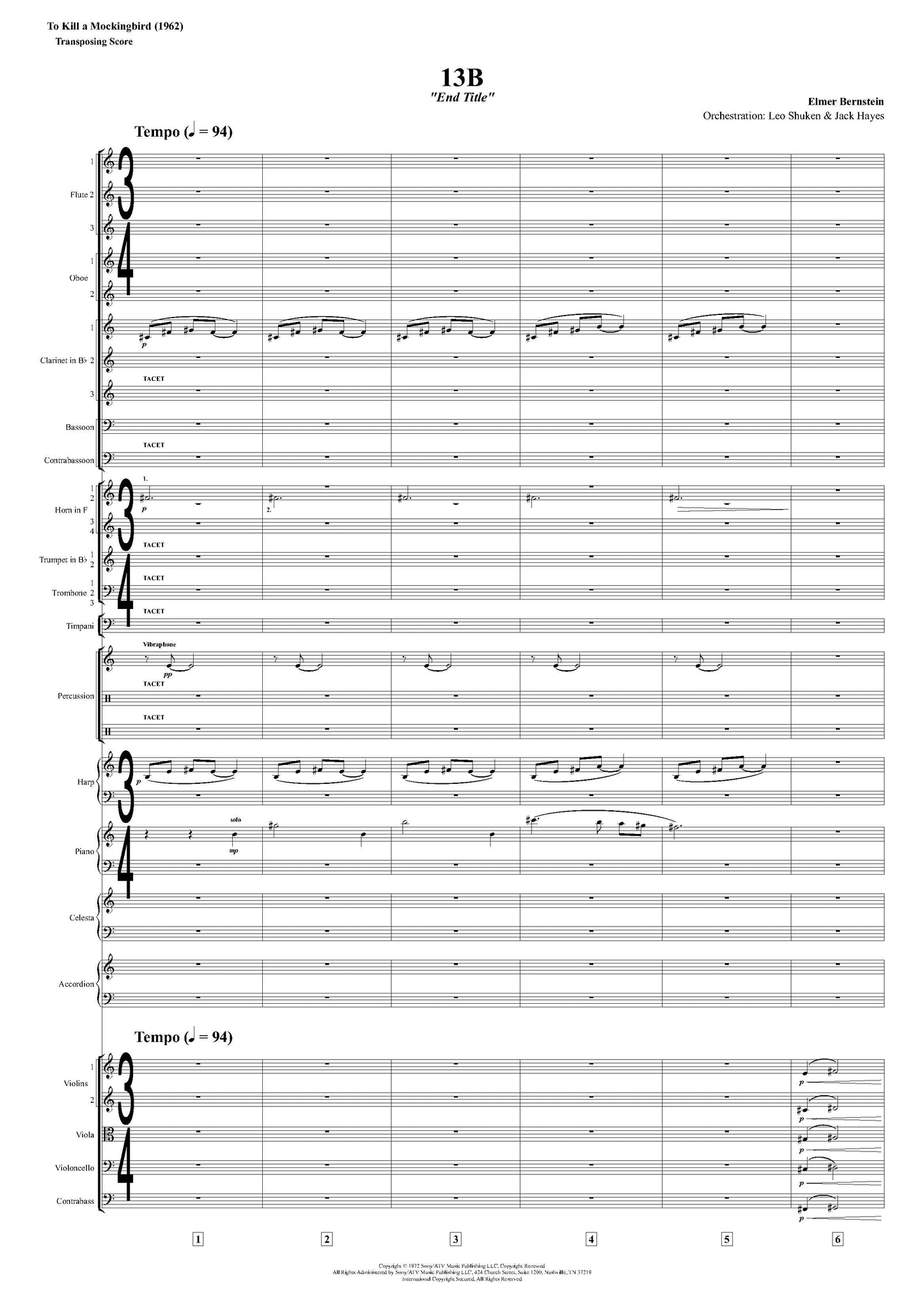 END TITLE from To Kill a Mockingbird - Elmer Bernstein (Score & Parts) **DIGITAL DOWNLOAD**