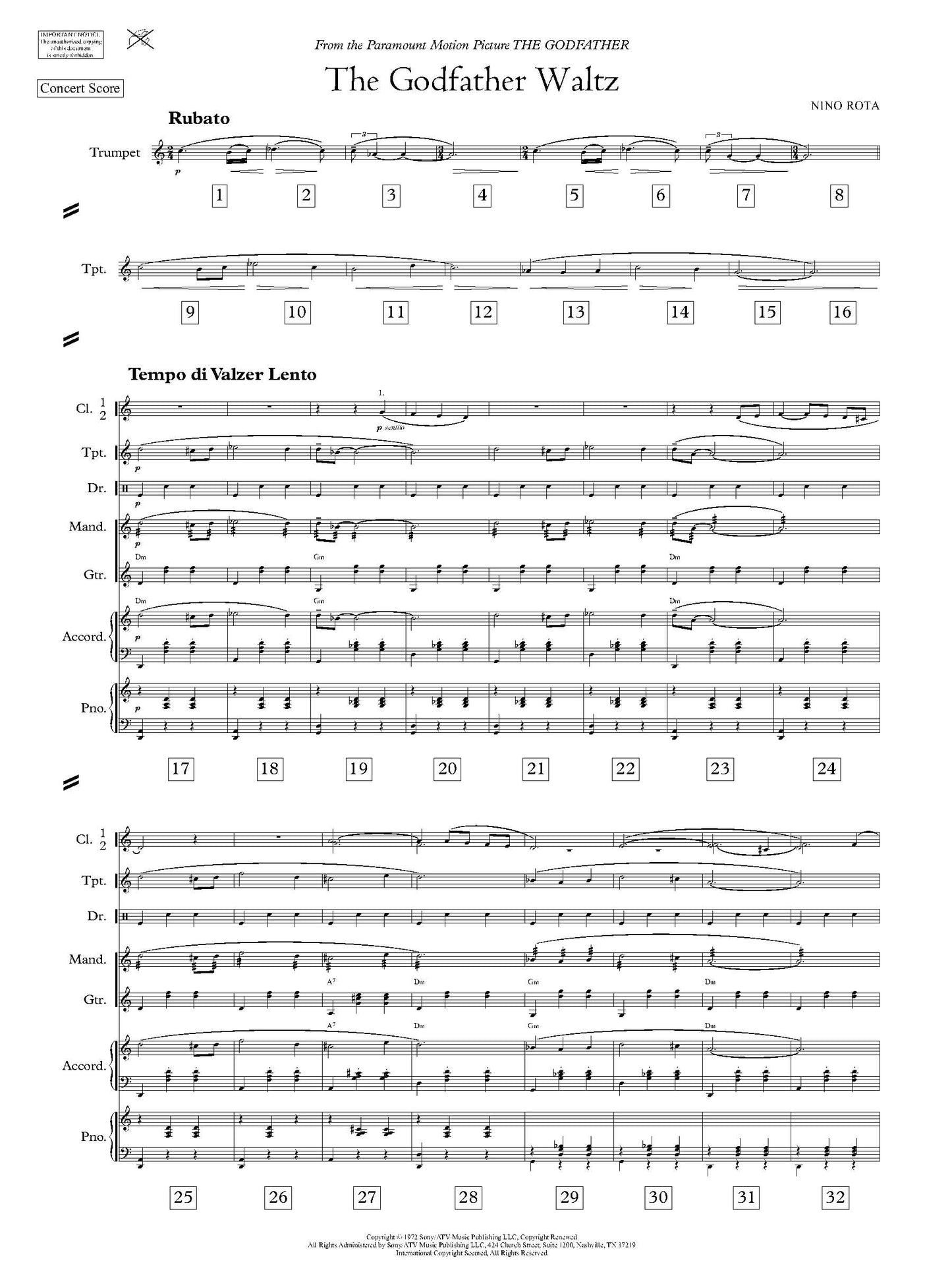 THE GODFATHER WALTZ from The Godfather - Nino Rota (Score Only) **DIGITAL DOWNLOAD**