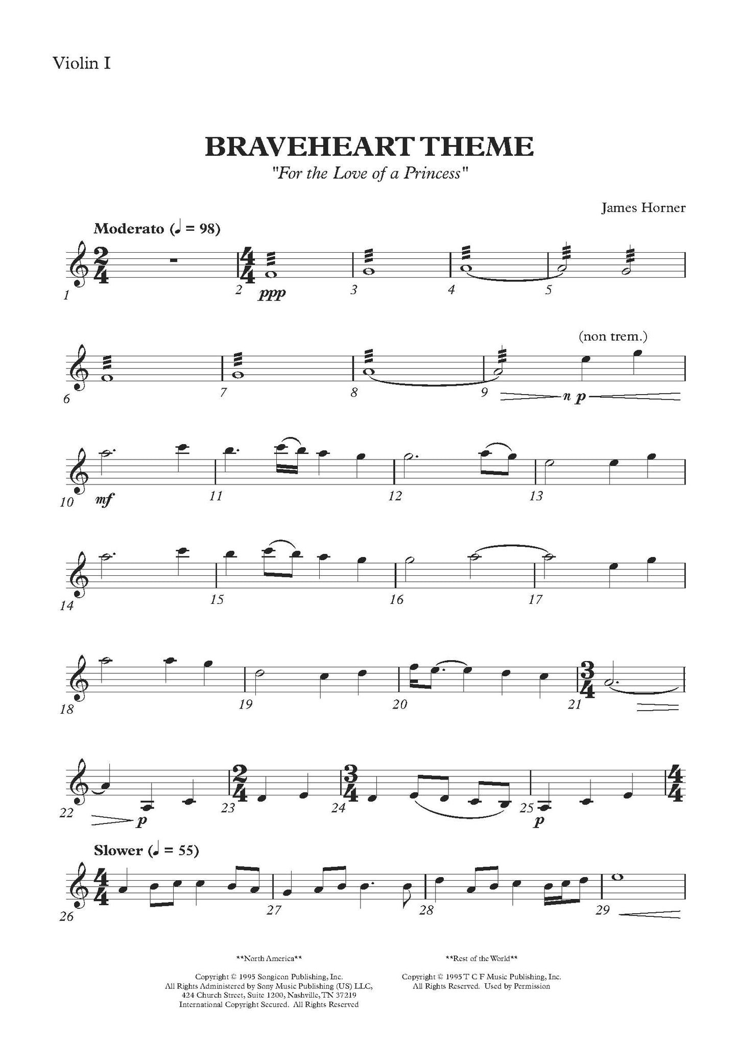 BRAVEHEART THEME (FOR THE LOVE OF A PRINCESS) from Braveheart - James Horner (Score & Parts) **DIGITAL DOWNLOAD**