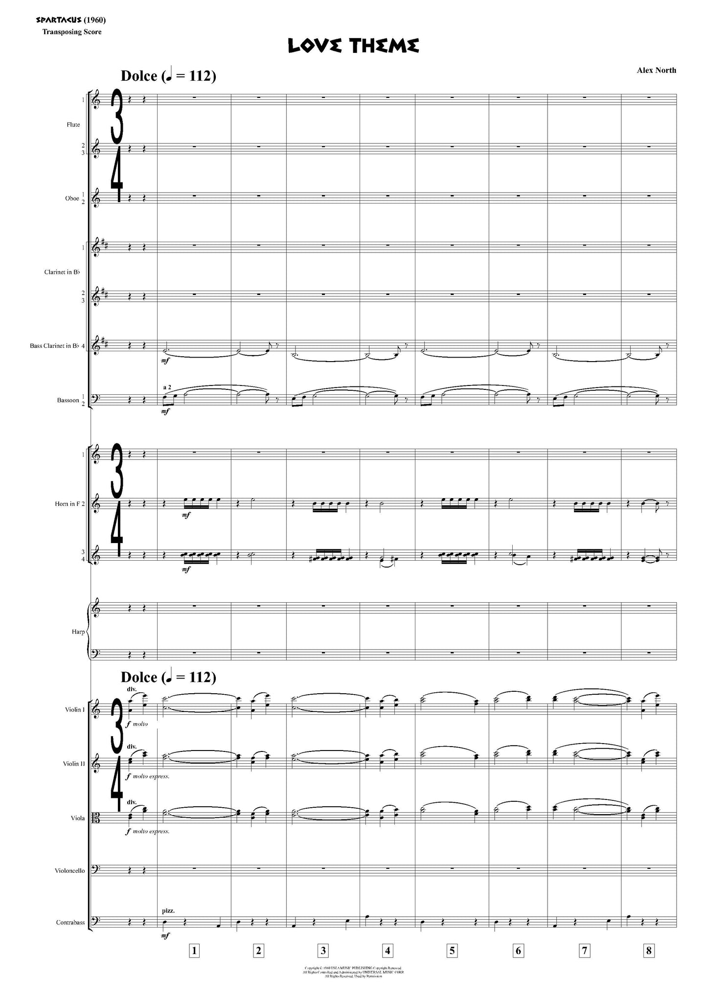 LOVE THEME from Spartacus - Alex North (Score & Parts) **DIGITAL DOWNLOAD**