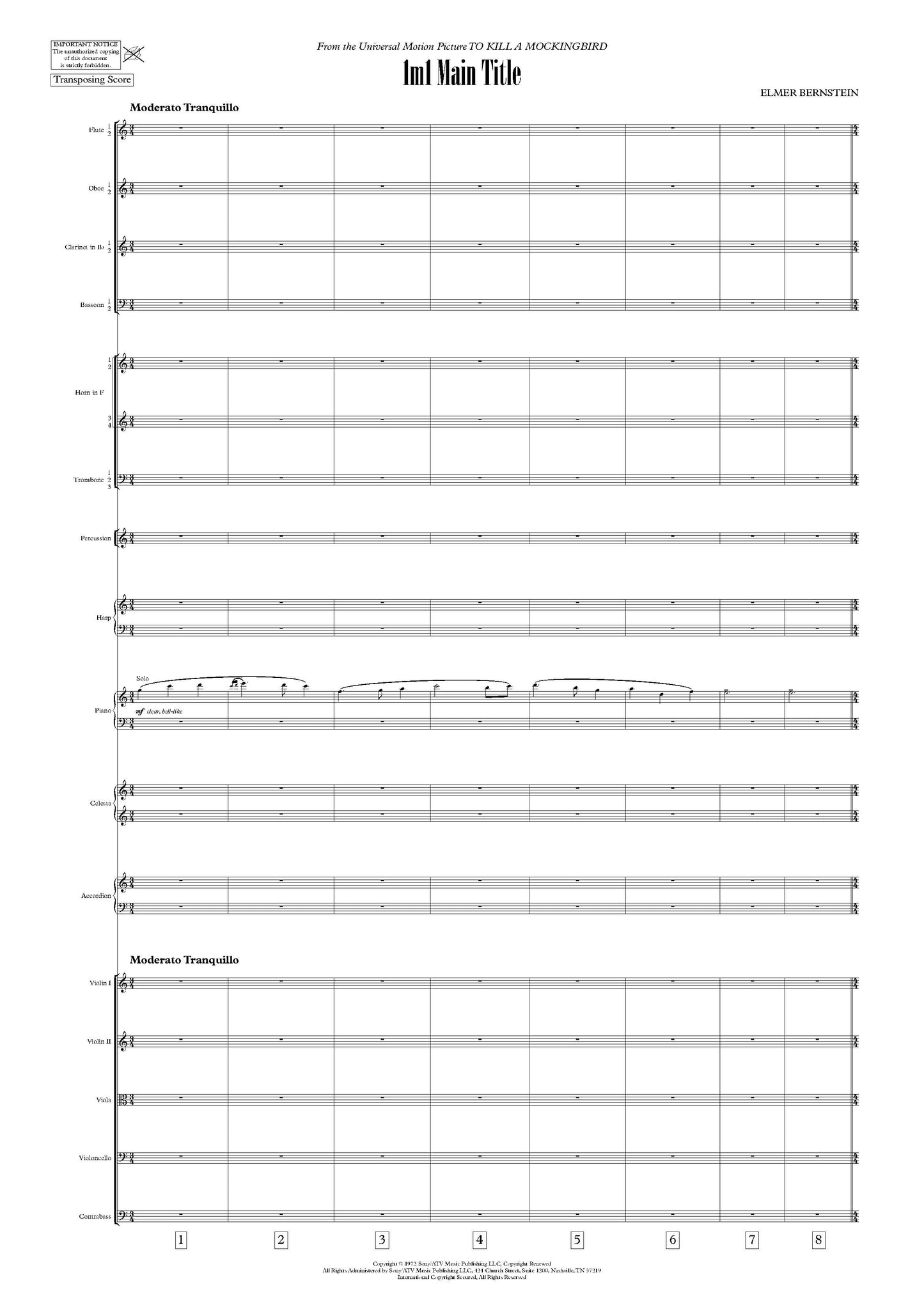 MAIN TITLE from To Kill a Mockingbird - Elmer Bernstein (Score & Parts) **DIGITAL DOWNLOAD**