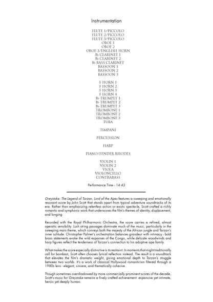 SUITE from Greystoke: The Legend of Tarzan, Lord of the Apes - John Scott (Score Only) **DIGITAL DOWNLOAD**