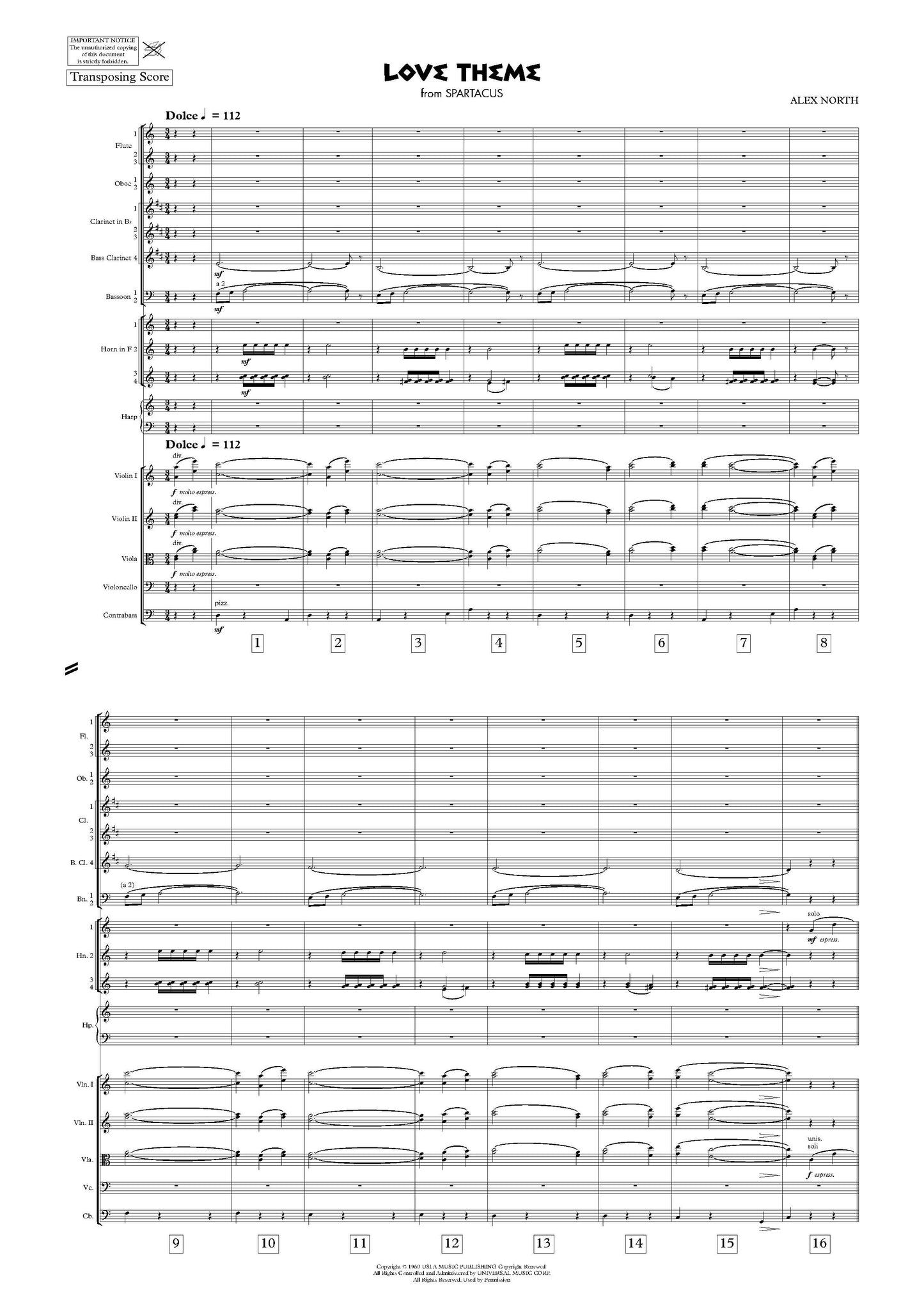 LOVE THEME from Spartacus - Alex North (Score Only) **DIGITAL DOWNLOAD**